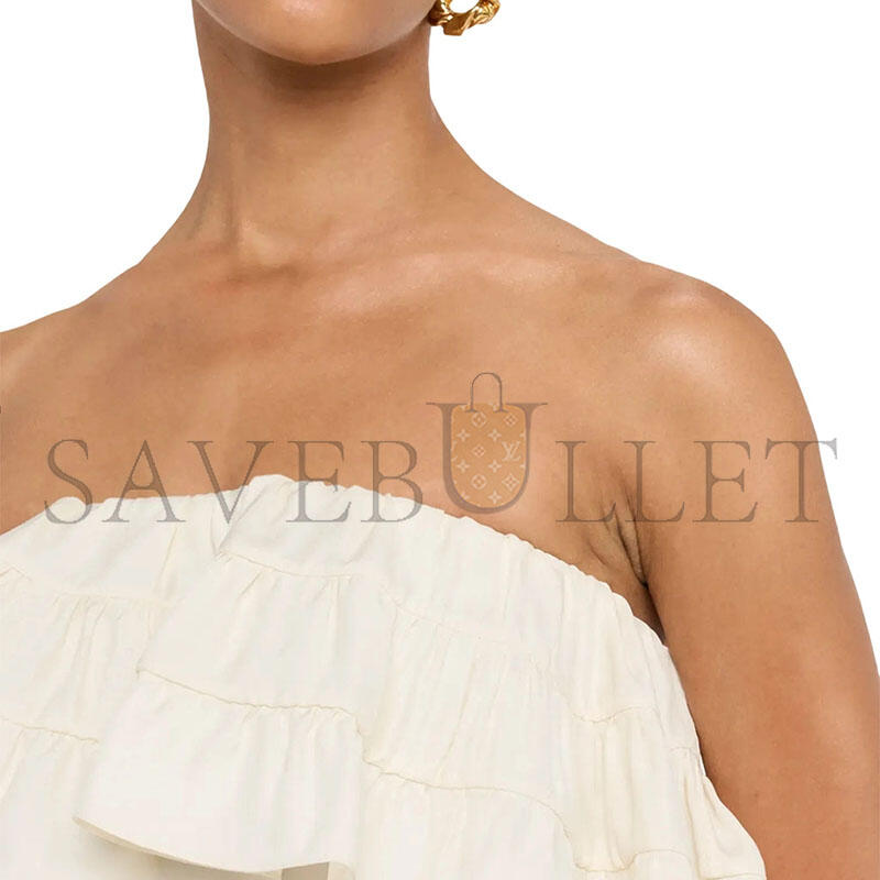 Y51 STRAPLESS TIERED RUFFLE HIGH-LOW MIDI DRESS